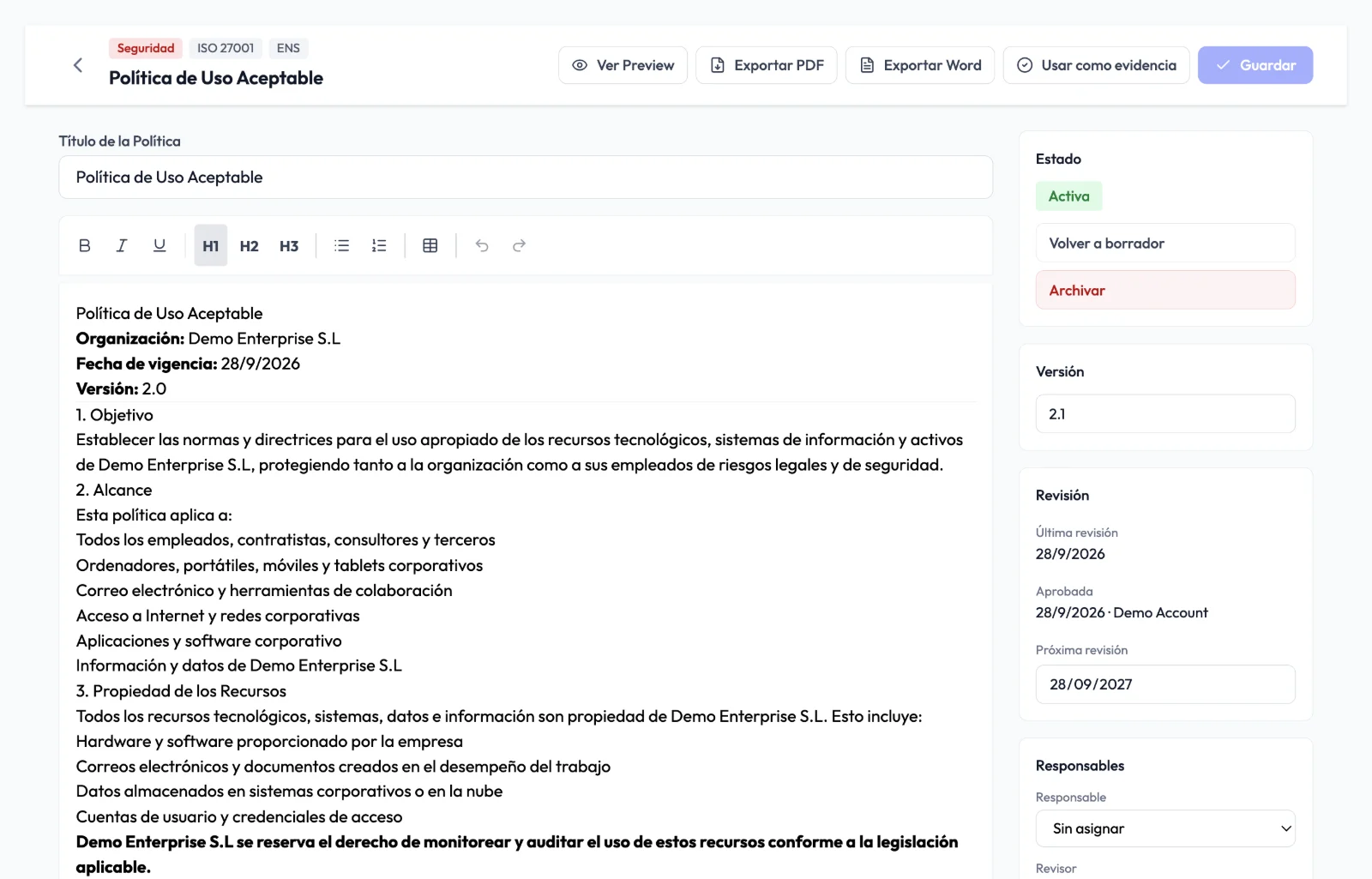 Audexa policy editor with status, version, review dates and export to PDF and Word