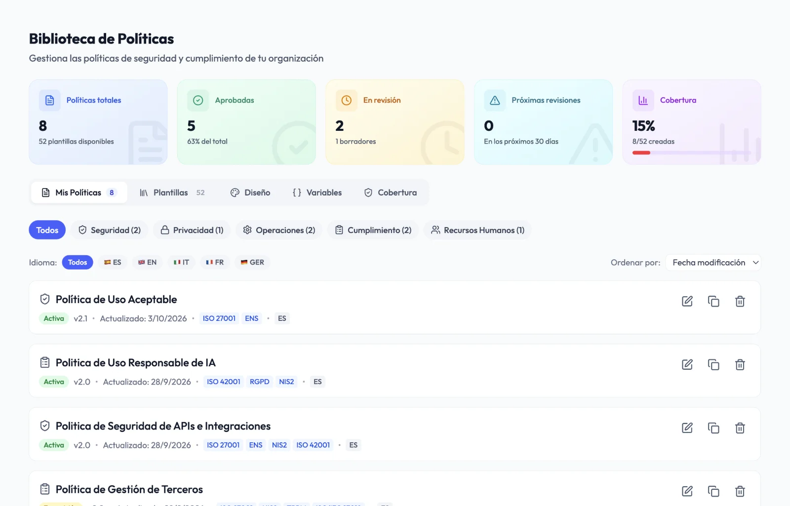 Richtlinienbibliothek von Audexa mit Status, Version und zugehörigen Frameworks